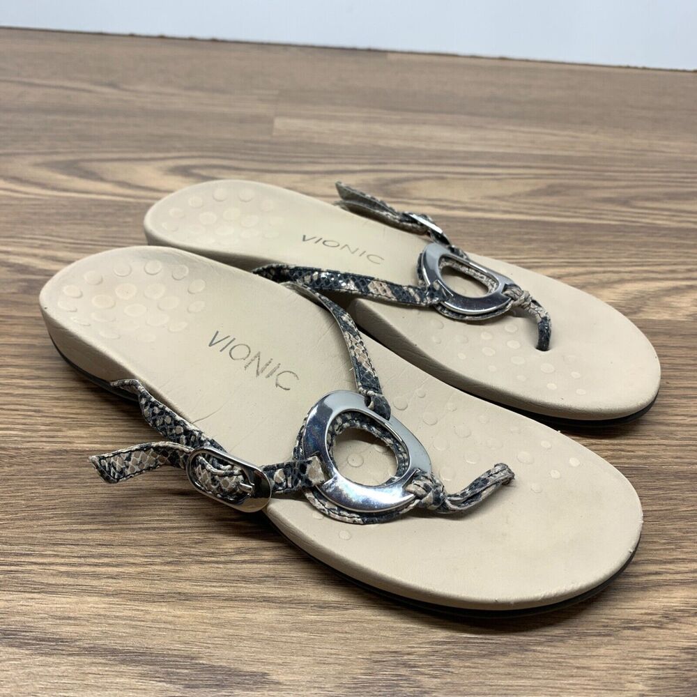 Vionic Womens Karina Snake Print Silver Buckle Thong Sandals Size US 8